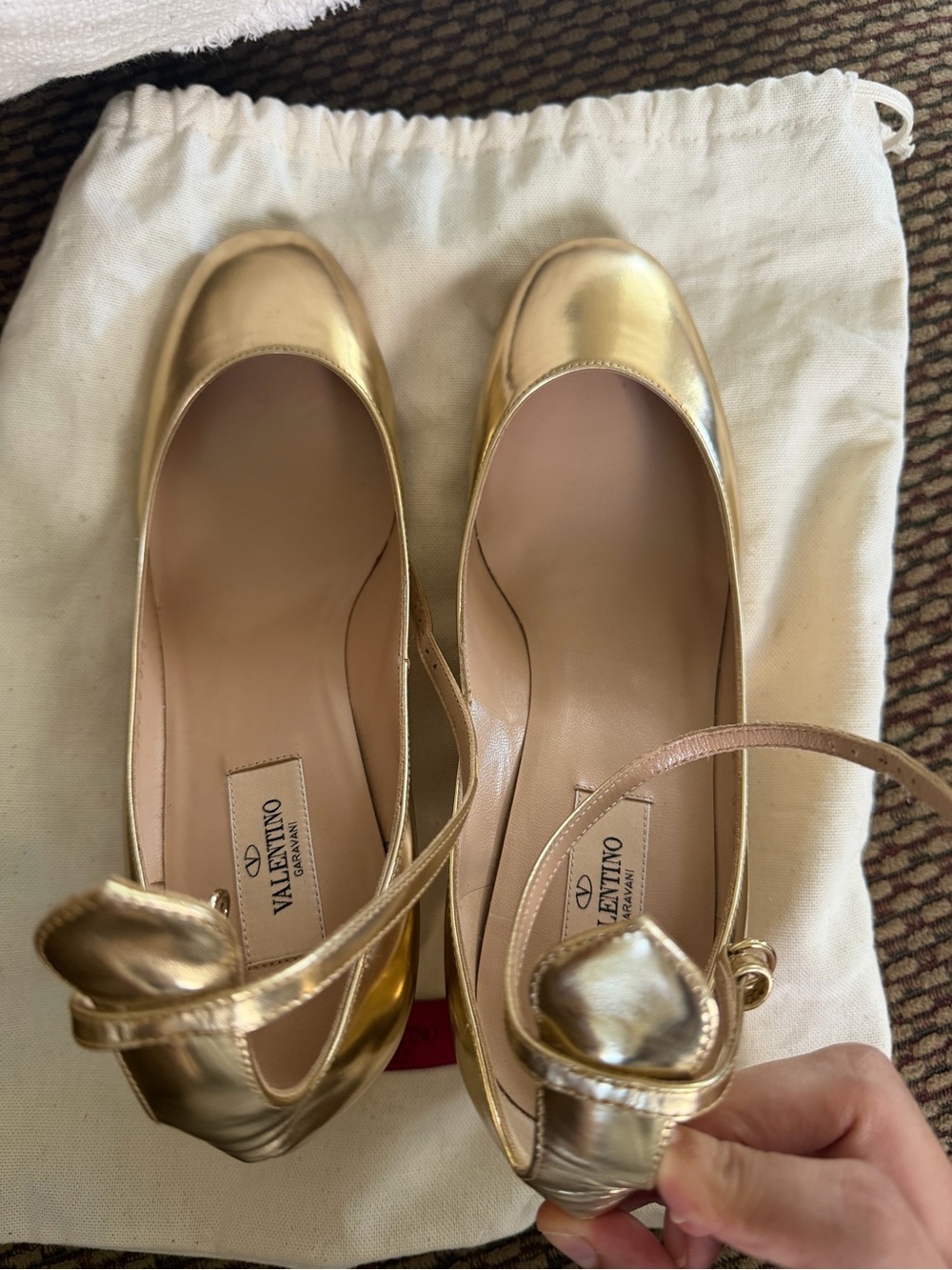 Valentino Garavani Metallic Gold Leather Ballet Flats with Ankle Strap - Picture 4 of 4
